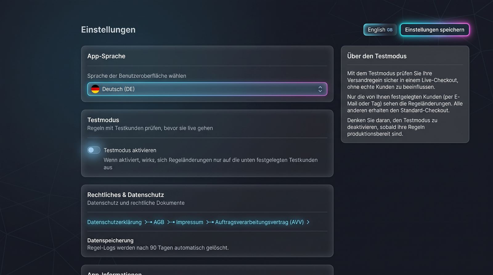 App Settings with Test Mode and legal documents